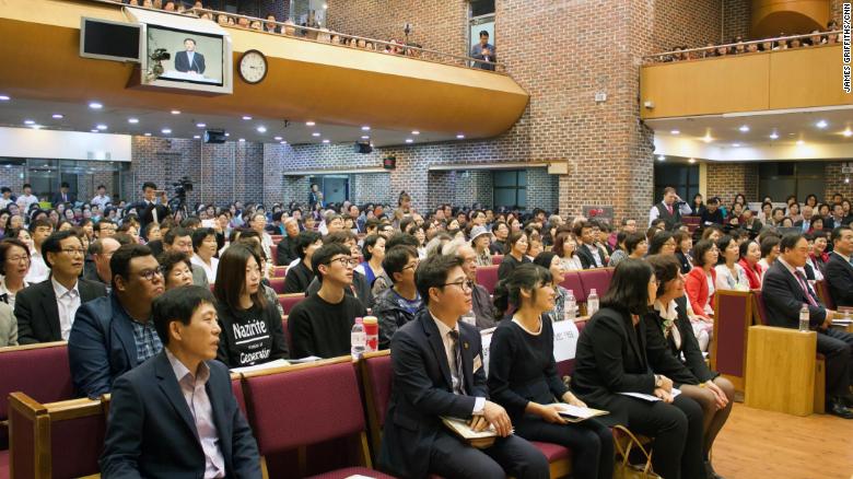 North Korean defectors listen to a pastor during a church service in Seoul, South Korea on April 28, 2018.