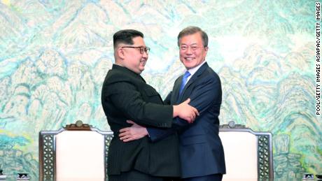 North Korean leader Kim Jong Un and South Korean President Moon Jae-in embrace at a summit in South Korea in April.