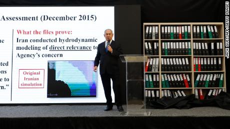 Israeli Prime Minister Benjamin Netanyahu delivers a speech on Iran&#39;s nuclear program at the defence ministry in Tel Aviv on April 30, 2018. 