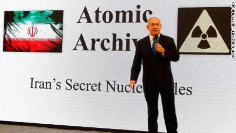 Israeli Prime Minister Benjamin Netanyahu delivers a speech on Iran&#39;s nuclear program at the defence ministry in Tel Aviv on April 30, 2018. - Netanyahu said that he had proof of a &quot;secret&quot; Iranian nuclear weapons programme, as the White House considers whether to pull out of a landmark atomic accord that Israel opposes. (Photo by Jack GUEZ / AFP) (Photo credit should read JACK GUEZ/AFP/Getty Images)