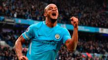 TOPSHOT - Manchester City&#39;s Belgian defender Vincent Kompany celebrates scoring the opening goal during the English Premier League football match between Manchester City and Manchester United at the Etihad Stadium in Manchester, north west England, on April 7, 2018. / AFP PHOTO / Ben STANSALL / RESTRICTED TO EDITORIAL USE. No use with unauthorized audio, video, data, fixture lists, club/league logos or &#39;live&#39; services. Online in-match use limited to 75 images, no video emulation. No use in betting, games or single club/league/player publications.  /         (Photo credit should read BEN STANSALL/AFP/Getty Images)