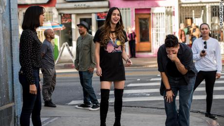 The cast of 'Vida' hangs out on set. Pictured from left, Mishel Prada (Emma), Melissa Barrera (Lyn) and Ser Anzoategui (Eddy)