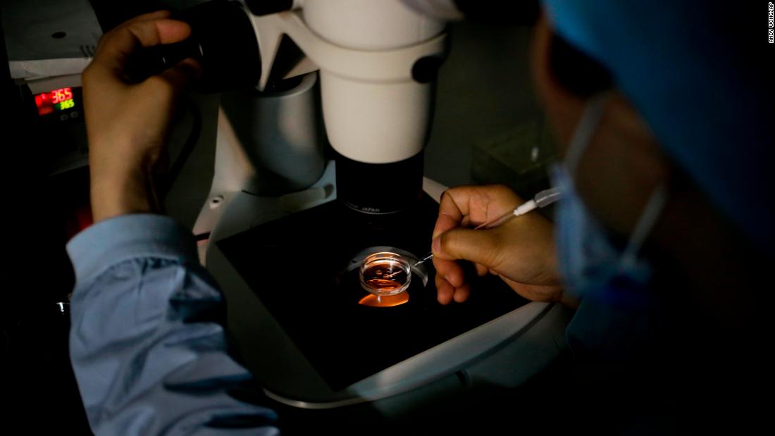 A medical staff member collects an egg on a laboratory dish during an infertility treatment through in vitro fertilization for a patient at a hospital in Beijing. 
