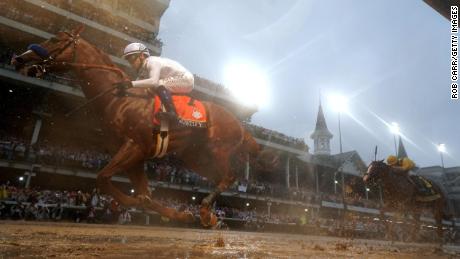 Justify crosses the finish line at last year&#39;s Kentucky Derby. 