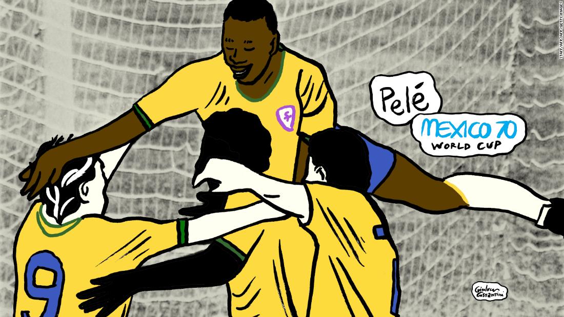 Brazil&#39;s 100th World Cup goal, celebrated wildly by Pele, who jumped into the air with joy as his side took the lead in the final against Italy. The game ended 4-1 to Brazil -- their third World Cup victory. 