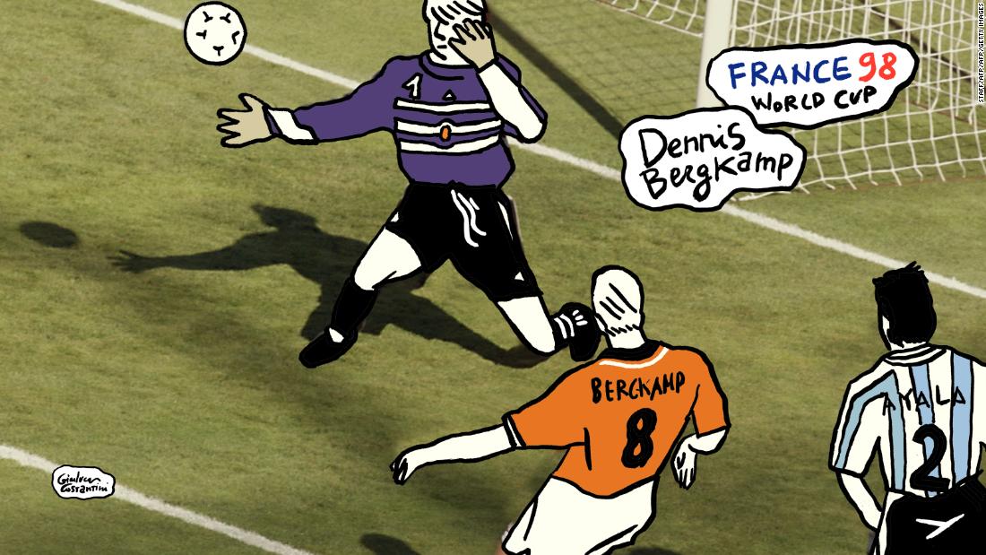 A Dutch master at work ... Dennis Bergkamp stops Frank de Boer&#39;s pass dead, transferring the ball to his left foot as he twists past Argentina&#39;s Roberto Ayala. His third touch, again with his right boot, flicks it past Carlos Roa, the keeper. Three perfect touches to take the ball from a speculative punt upfield to what remains one of the ultimate moments of skill ever displayed in a World Cup.