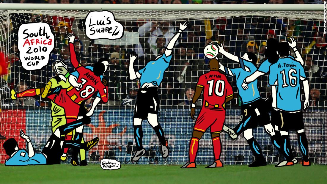 Another South American -- this time Uruguayan Luis Suarez -- another handball. This one, however, was less subtle. Suarez&#39;s hands prevented Ghana from bagging a winner in extra-time. He saw red, and Asamoah Gyan&#39;s whacked the resulting penalty against the bar. Uruguay went on to win on penalties. 