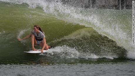 South Africa&#39;s Bianca Buitendag tests the tube at the inaugural Founders&#39; Cup event at the Surf Ranch.