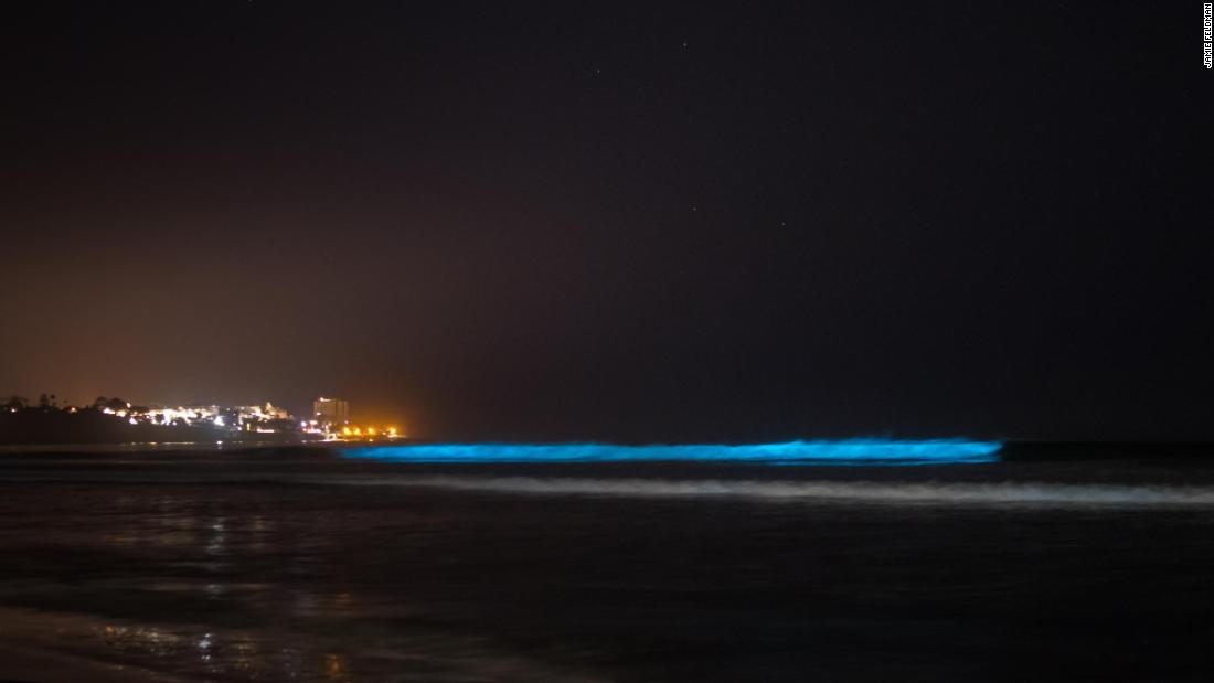 Bioluminescent critters bathe Southern California surf in aqua glow