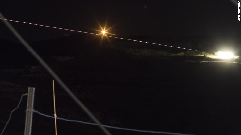 A long-exposure picture that reportedly shows Israeli missiles headed toward Syrian military targets on the Golan Heights near the Israeli-Syrian border.
