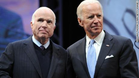 PHILADELPHIA, PA - OCTOBER 16: Sen. John McCain (R-AZ) receives the the 2017 Liberty Medal from former Vice President Joe Biden at the National Constitution Center on October 16, 2017 in Philadelphia, Pennsylvania. (Photo by William Thomas Cain/Getty Images)