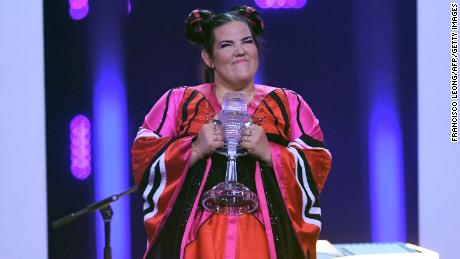 Israel&#39;s singer Netta celebrates winning the 63rd Eurovision Song Contest in 2018.