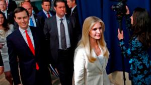 US President's daughter Ivanka Trump (C) and her husband Senior White House Advisor Jared Kushner (L) arrive for the controversial inauguration of the US embassy in Jerusalem on May 14, 2018. - The United States moved its embassy in Israel to Jerusalem after months of global outcry, Palestinian anger and exuberant praise from Israelis over President Donald Trump's decision tossing aside decades of precedent. (Photo by Menahem KAHANA / AFP)        (Photo credit should read MENAHEM KAHANA/AFP/Getty Images)