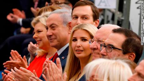 Benjamin Netanyahu (2nd L), his wife Sara Netanyahu (L), Jared Kushner (3rd L), Ivanka Trump (C) and US Treasury Secretary Steve Mnuchin (R) at Monday&#39;s ceremony.
