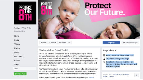 Screenshot of the Protect the 8th, an anti-abortion group&#39;s Facebook page on Friday. 