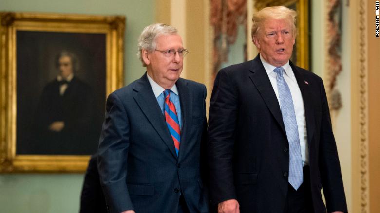 President Donald Trump (R) walks with Senate Majority Leader Mitch McConnell (R-KY) as he attends the Republican luncheon at the U.S. Capitol Building on May 15, 2018 in Washington, D.C,