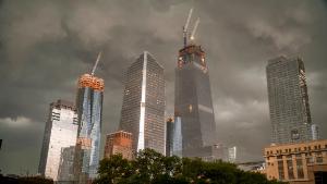The Hudson Yards development on the west side of Manhattan in New York is seen as a fast moving storm passes through the city on Tuesday, May 15, 2018. Heavy rain, thunderstorms and flooding are expected across much of New York City and the rest of the tri-state area. (ÂPhoto by Richard B. Levine)