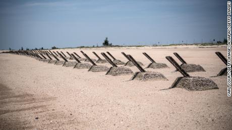 Anti-landing barricades are positioned on a beach facing China on the Taiwanese island of Kinmen, which at points lies only a few miles from mainland China, on April 19, 2018.