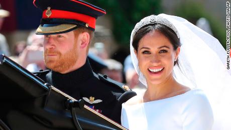 Britain&#39;s Prince Harry and his wife Meghan Markle leave after their wedding ceremony, at St. George&#39;s Chapel in Windsor Castle in Windsor, near London, England, Saturday, May 19, 2018. (Gareth Fuller/pool photo via AP)