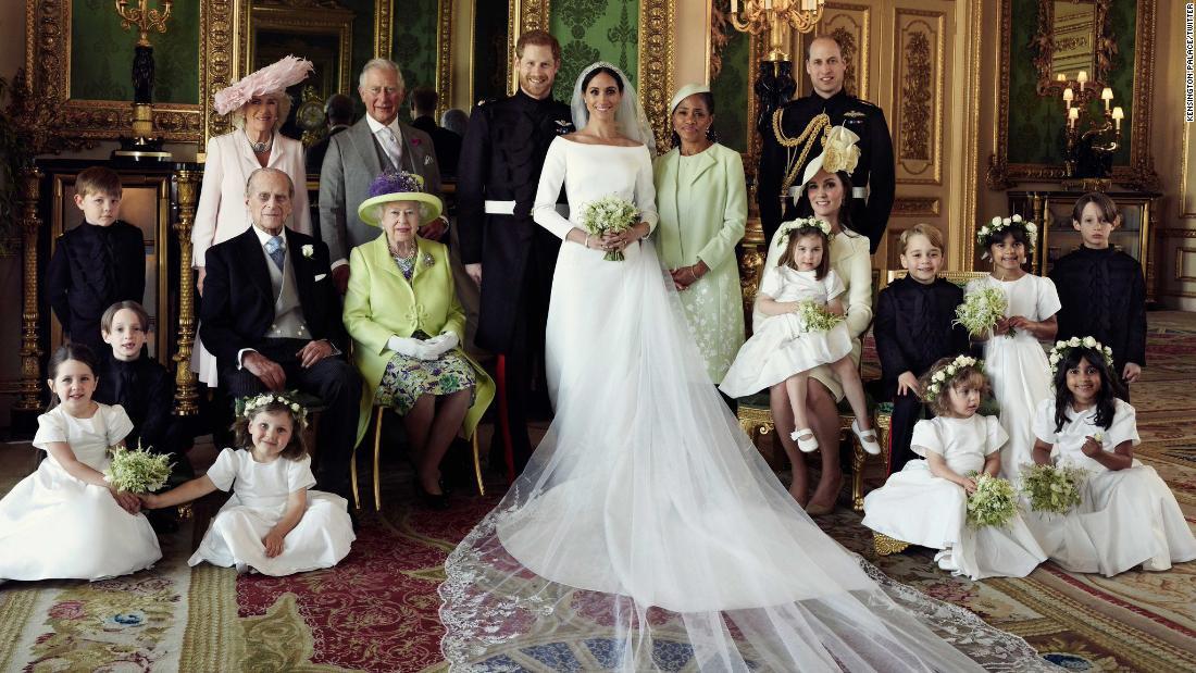 Prince Philip poses with the wedding party after Harry and Meghan&#39;s wedding in May 2018.
