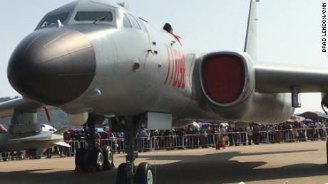 A People&#39;s Liberation Army Air Force H-6K bomber on display at Airshow China in 2016.