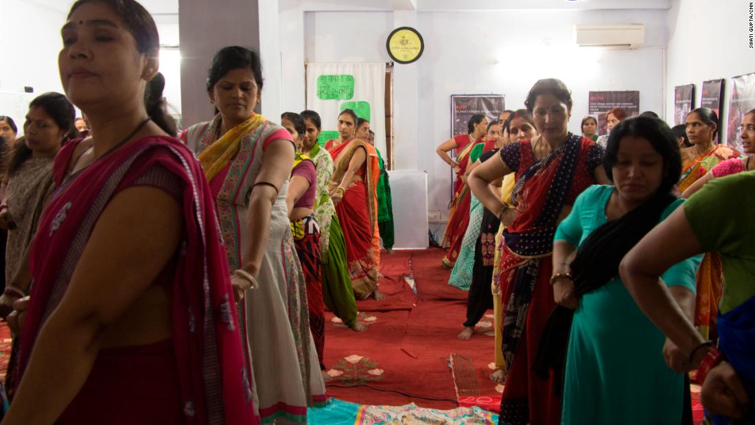 Indian women at Goonj practice self-defense moves in New Delhi, India.