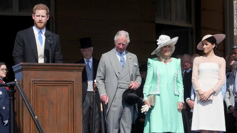 Harry gives a speech next to Prince Charles, Charles&#39; wife Camilla, and Meghan.