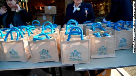 WINDSOR, UNITED KINGDOM - MAY 19:   Monogrammed gift bags at Windsor Castle before the wedding of Prince Harry to Meghan Markle on May 19, 2018 in Windsor, England. (Photo by Toby Melville - WPA Pool/Getty Images)
