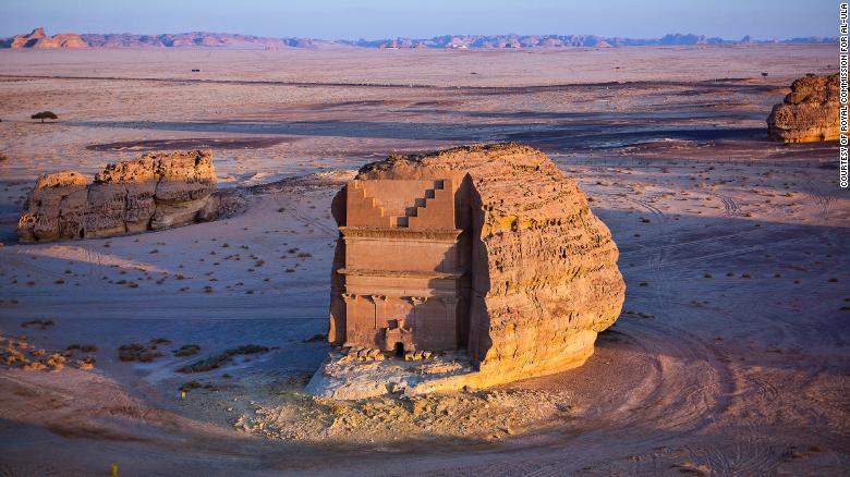 A Nabataean tomb carved into the rock at Mada&#39;in Salih.