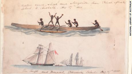A sketch of a canoe at Prince of Wales Island, in the Torres Strait, drawn by Thomas Baines in 1855.