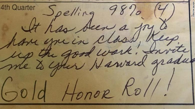 Mrs. Toensing wrote a note on this 12-year-old&#39;s report card back in 1997. 
