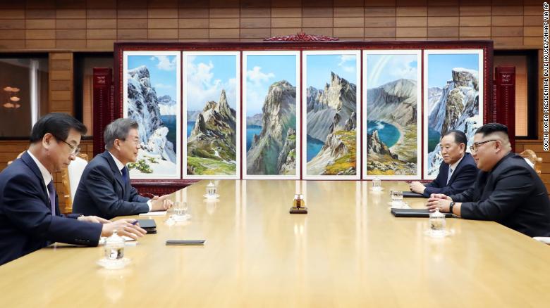 Kim Jong Un and Moon Jae-in talk during a meeting at the northern side of the Panmunjom in North Korea. It was their second face-to-face meeting.