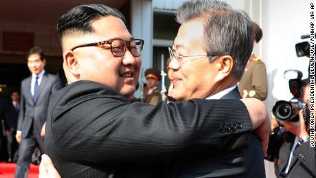 In this photo provided by South Korea Presidential Blue House via Yonhap News Agency, North Korean leader Kim Jong Un, left, and South Korean President Moon Jae-in embrace each other after their meeting at the northern side of the Panmunjom in North Korea, Saturday, May 26, 2018. Kim and Moon have met for the second time in a month to discuss peace commitments they reached in their first summit and Kim&#39;s potential meeting with President Donald Trump. (South Korea Presidential Blue House/Yonhap via AP)