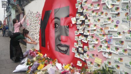 Repeal supporters leave notes at a mural of Savita Halappanavar, whose death sparked the campaign.