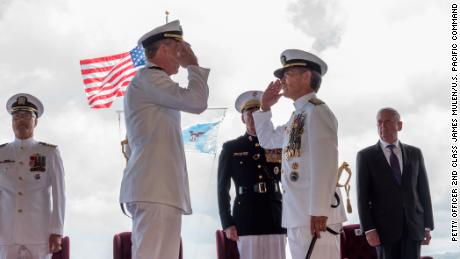 Adm. Phil Davidson, left, relieves Adm. Harry Harris, right, as commander of US Indo-Pacific Command during a ceremony at Pearl Harbor, Hawaii, on Wednesday.