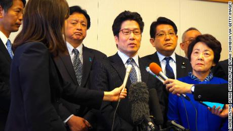 Takuya Yokota (middle), younger brother of Megumi Yokota, who was abducted by North Korea, speaks on April 30, 2018 in Narita, Chiba, Japan.