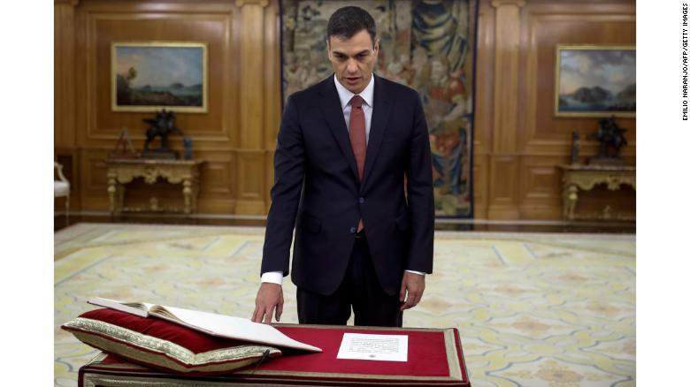 Pedro SÃ¡nchez takes the oath of office Saturday at the Zarzuela Palace outside Madrid.