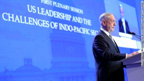 James Mattis, US Secretary of Defense, speaks during the IISS Shangri-La Dialogue Asia Security Summit in Singapore, on Saturday, June 2, 2018. Mattis blasted Chinas deployment of military assets in the South China Sea, expanding the Trump administrations criticism of the country amid a continued dispute over trade. Photographer: Paul Miller/Bloomberg via Getty Images