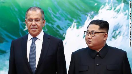 PYONGYANG, NORTH KOREA - MAY 31, 2018: Russia&#39;s Foreign Minister Sergei Lavrov (L) and North Korea&#39;s Supreme Leader Kim Jong-un during a meeting. Valery Sharifulin/TASS (Photo by Valery Sharifulin\TASS via Getty Images)