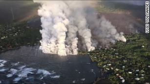 A helicopter view from Monday morning shows lava entering the ocean at Kapoho Bay. 