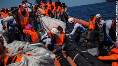 Migrants are rescued by the Aquarius NGO ship on August 2, 2017. 