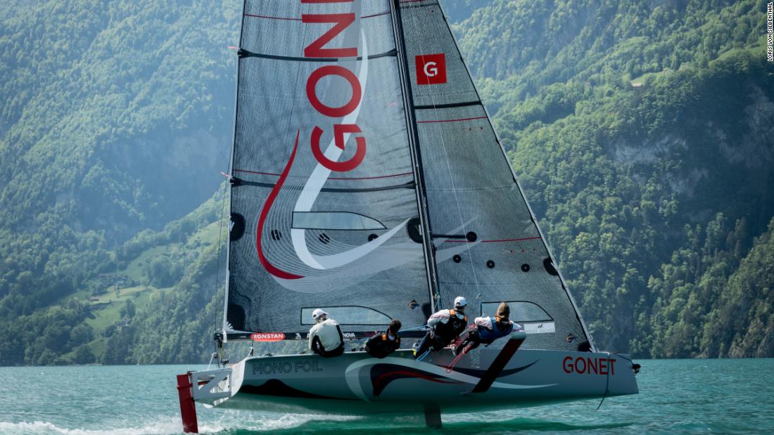 The revolutionary monohull flies out of the water on hydrofoils, similar to the concept that will be used in the 36th America&#39;s Cup in New Zealand in 2021.