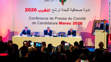 Fouzi Lekjaa (L), President of the Royal Moroccan Football Federation (FRMF), Moulay Hafid Elalamy (C), chairman of the Moroccan Committee bidding for the 2026 World Cup, and Moroccan Youth and Sport Minister Rachid Talbi Alami (2nd-R) give a press conference in Casablanca on January 23, 2018, presenting their country&#39;s pitch to host the 2026 competition. / AFP PHOTO / FADEL SENNA        (Photo credit should read FADEL SENNA/AFP/Getty Images)