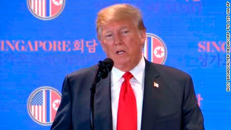 In this image made from video provided by Host Broadcaster Mediacorp Pte Ltd., U.S. President Donald Trump speaks during a press conference, following his meeting with North Korean leader Kim Jong Un at Capella Hotel in Singapore, Tuesday, June 12, 2018. (Host Broadcaster Mediacorp Pte Ltd via AP)