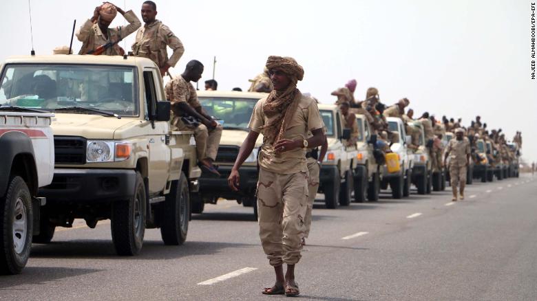 Sudanese forces fighting alongside the Saudi-led coalition in Yemen gather near the outskirts of the western port city of Hodeidah, Yemen on June 12. 