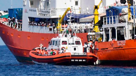 An Italian Coast Guard vessel approaches the Aquarius on Tuesday. 