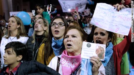 People demonstrate against the decriminalization of abortion on June 10, in front of the Cathedral of Tucuman, in northern Argentina, after marching under the slogan &quot;Save Both Lives.&quot;