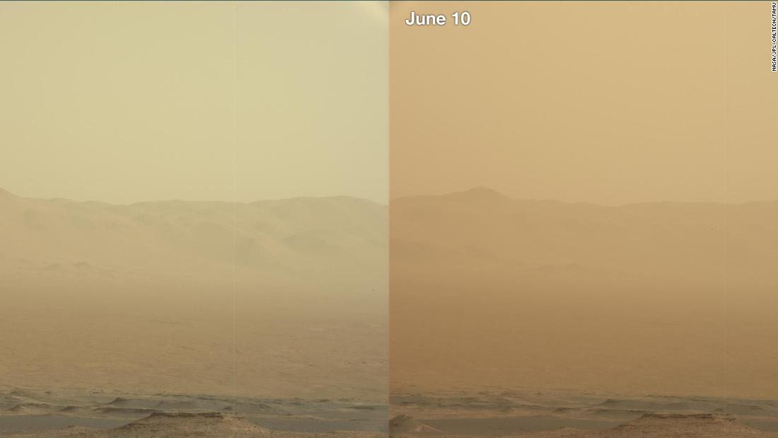 These two views from NASA&#39;s Curiosity rover -- from June 7, left, and June 10 2018 -- show how dust increased over three days from a major Martian dust storm that became planet-encircling on June 20, 2018. Opportunity was stranded in the middle of the storm and wasn&#39;t heard from afterward.