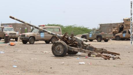 A Russian-made 130mm artillery Yemeni loyalist fighters backed by Saudi and Emirati forces said was left behind by Huthi rebels in Yemen's Hodeidah province.