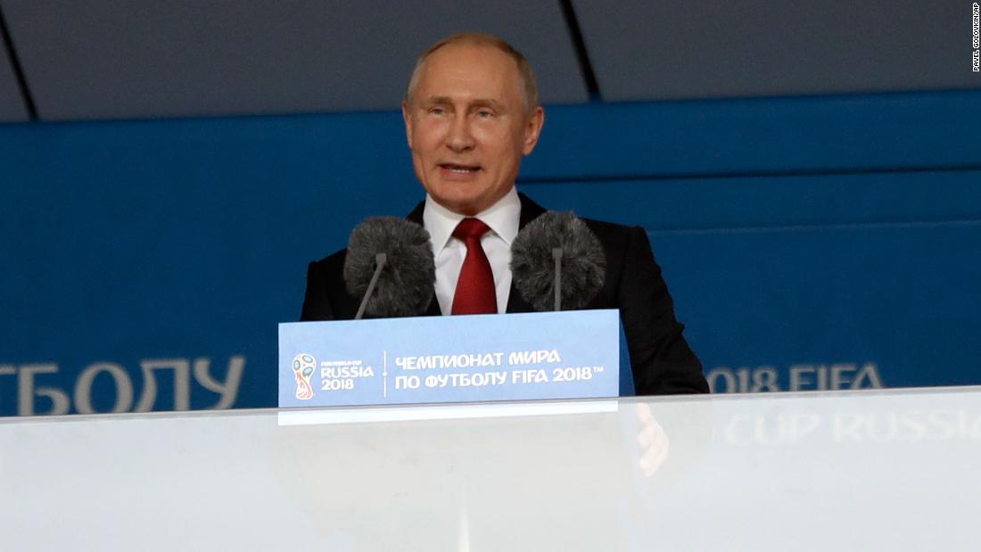 Russian President Vladimir Putin speaks to the crowd before kickoff at the Luzhniki Stadium.